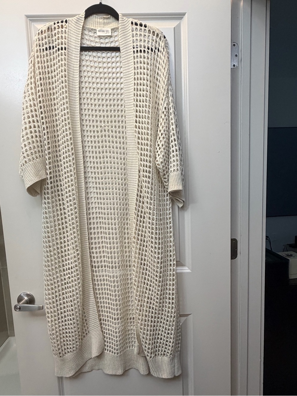 Open-Front Cream Knit Duster Cardigan Sweater